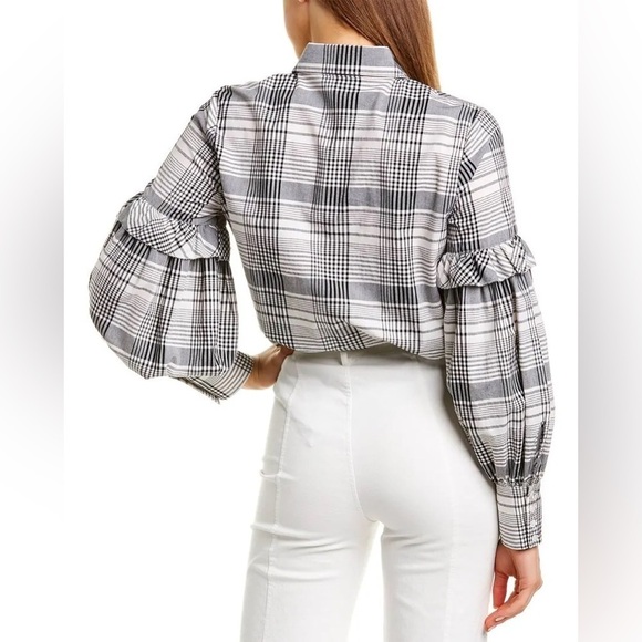 Robert Rodriguez Pauline Black and White Plaid Button Down Balloon Sleeve Top - Picture 2 of 6